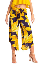 Load image into Gallery viewer, Waist Tie Yellow Floral Print Asymmetric Cropped Tango Pants