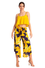 Load image into Gallery viewer, Waist Tie Yellow Floral Print Asymmetric Cropped Tango Pants