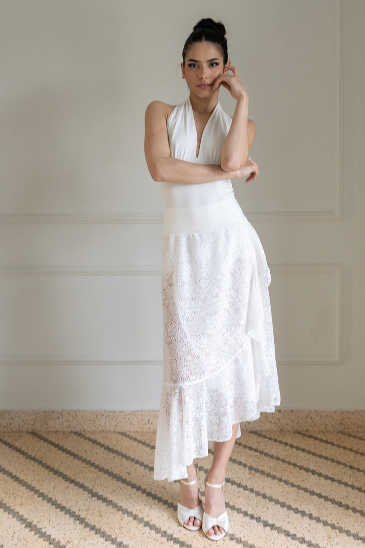 White Halter Top And Lace Wrap Skirt Set