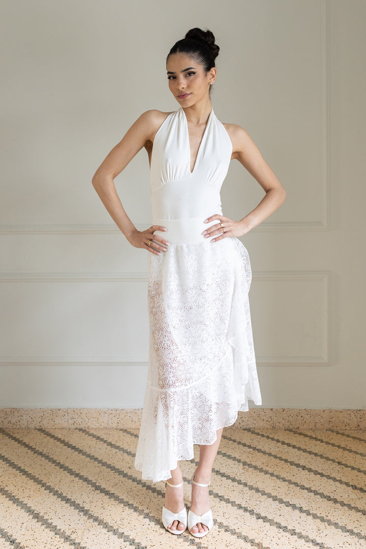 White Lace Asymmetric Wrap Skirt With Ruffles