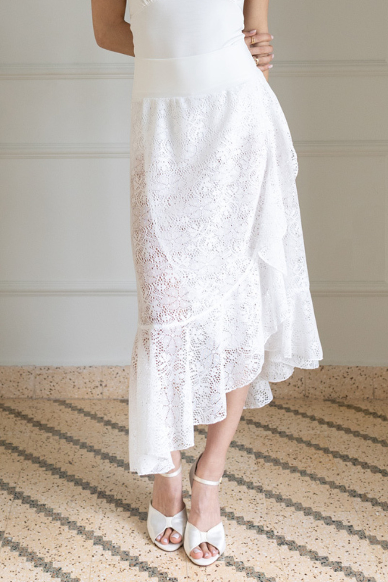 White Asymmetric Ruffle Wrap Lace Skirt | Lace Tango Skirts