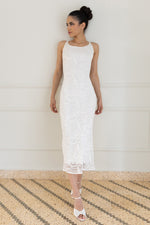 Load image into Gallery viewer, White Lace Bodycon Midi Dress With Twisted Back Detail
