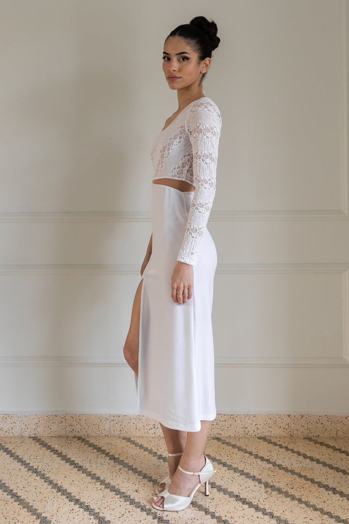 White One Sleeve Midi Dress With Side Cutout