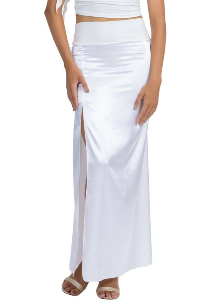 White Shiny Satin Maxi Skirt With Back Movement