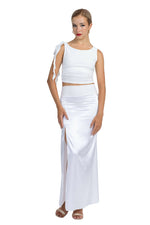 Load image into Gallery viewer, White Shiny Satin Maxi Skirt With Back Movement
