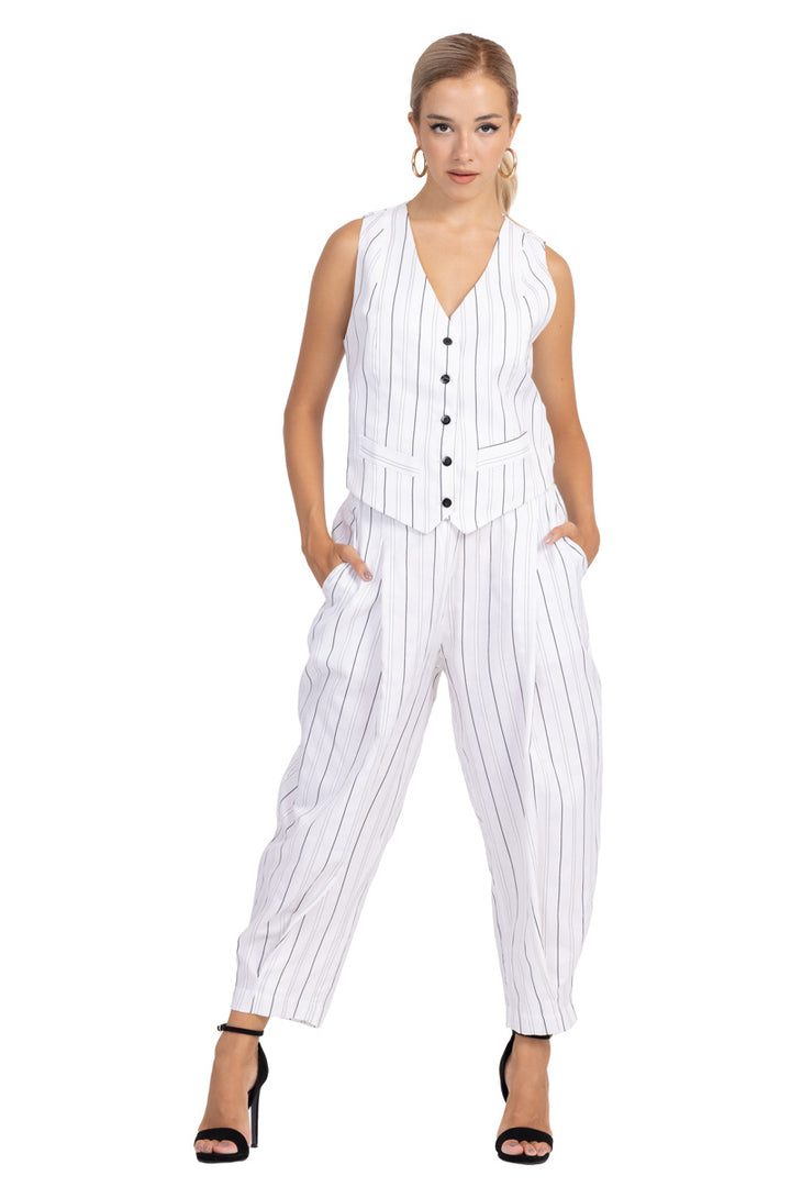 White Striped Tappered Women's Tailored Trousers