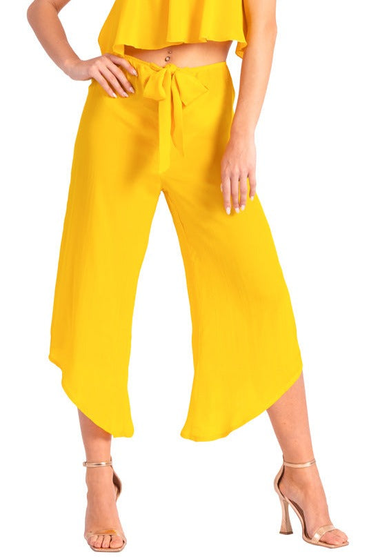 Yellow Waist Tie Asymmetric Cropped Tango Pants