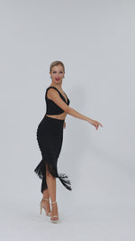 Load and play video in Gallery viewer, Black Asymmetric Tango Skirt With Fringe
