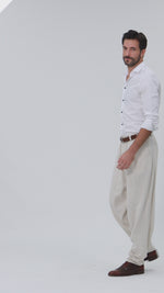 Load and play video in Gallery viewer, Tapered Sand Beige Tango Trousers With Two Inverted Pleats

