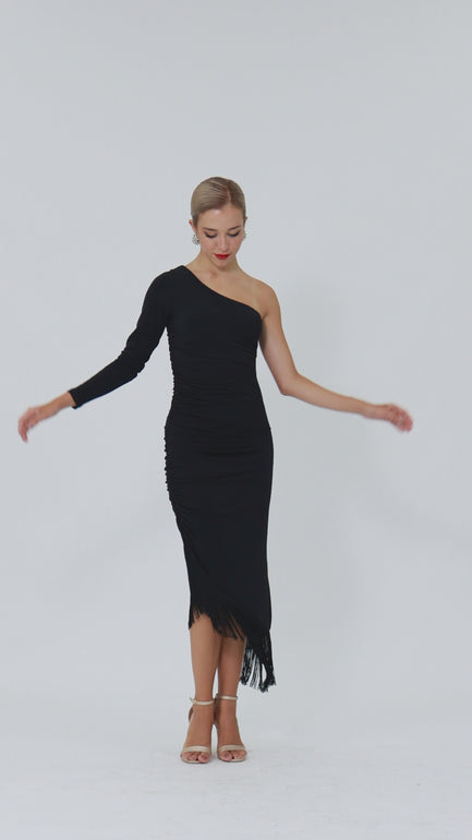 One-Sleeved Asymmetric Midi Dress With Fringe