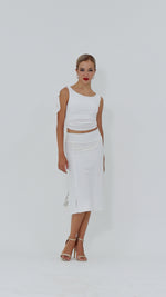 Load and play video in Gallery viewer, White Tango Skirt With Subtle Lines Print Satin Tail
