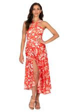 Load and play video in Gallery viewer, Bright Red Floral Print Midi Flowing Tango Dress