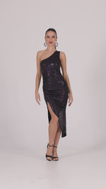 Load and play video in Gallery viewer, Sparkling Eggplant Animal Print Tango Skirt With Curved Front Slit
