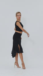 Load and play video in Gallery viewer, Black Lace Asymmetric Wrap Skirt With Ruffles
