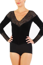 Load image into Gallery viewer, Black Velvet Bodysuit with Long Sleeves and Lace Details
