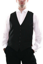 Load image into Gallery viewer, Men&#39;s black tango vest with regular white stripes &amp; red satin back

