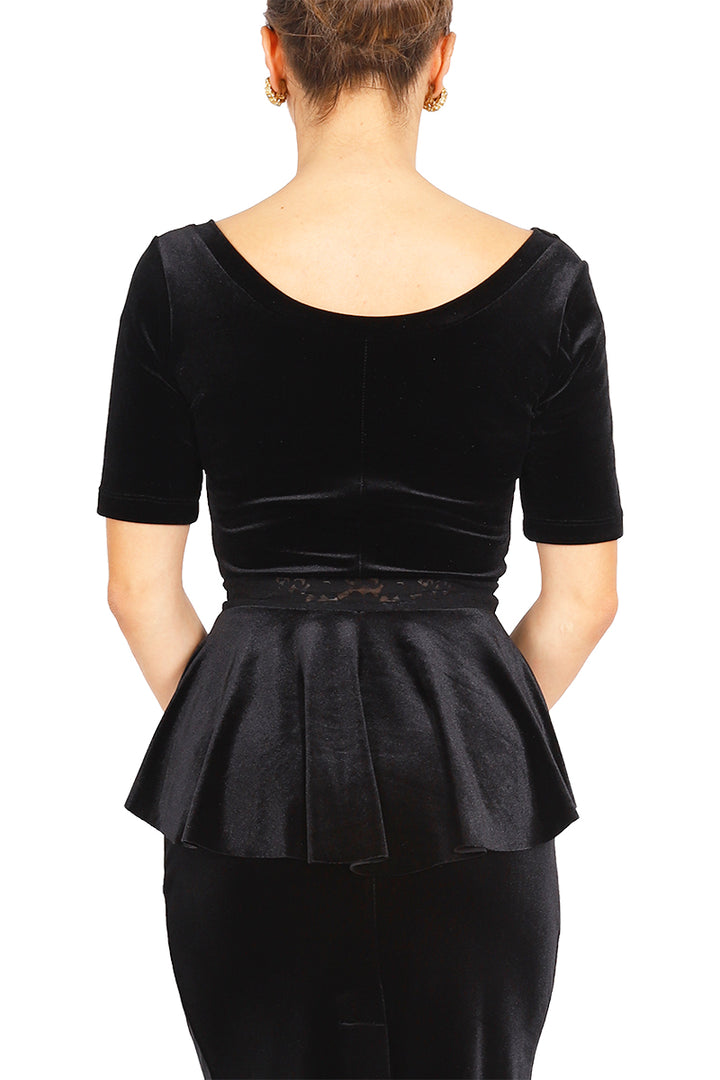 Black Velvet Top With Ruffled And Lace Details