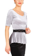 Load image into Gallery viewer, Silver Velvet Top With Ruffled And Lace Details