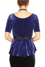 Load image into Gallery viewer, Dark Blue Velvet Top With Ruffled And Lace Details