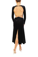 Load image into Gallery viewer, Black Velvet Tango Performance Dress With Long Sleeves