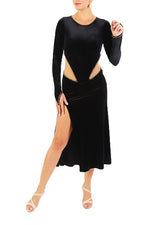 Load image into Gallery viewer, Black Velvet Tango Performance Dress With Long Sleeves