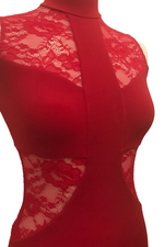Load image into Gallery viewer, Red tango dress with lace details and ruched fishtail skirt