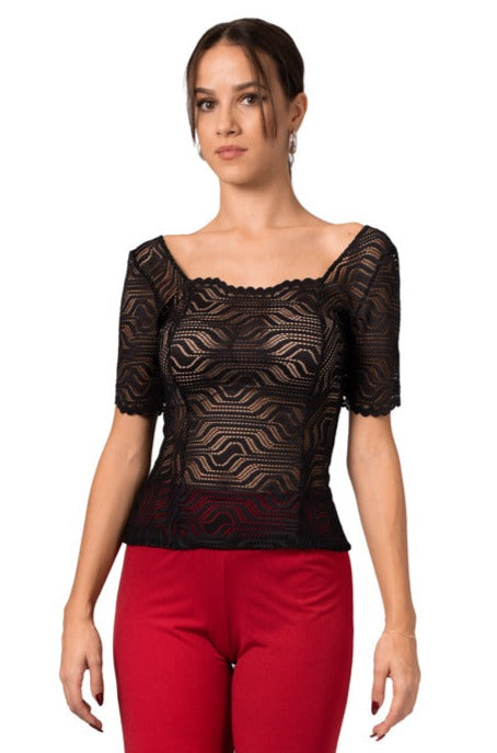 Black Lace See-through Top With Short Sleeves