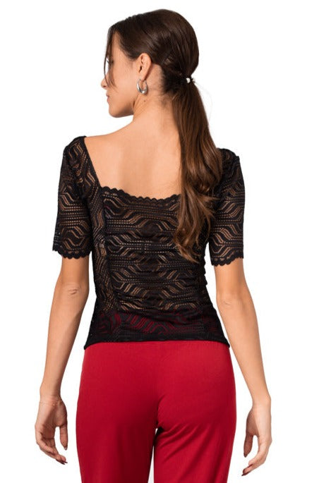 Black Lace See-through Top With Short Sleeves