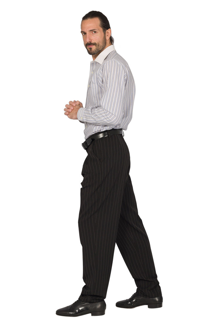 Black Striped Tango Pants With Three Inverted Pleats 