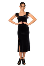 Load image into Gallery viewer, Black Velvet Dress With Feather Details