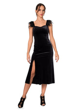 Load image into Gallery viewer, Black Velvet Dress With Feather Details