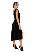 Load image into Gallery viewer, Black Velvet Dress With Feather Details