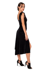 Load image into Gallery viewer, Black Velvet Dress With Feather Details
