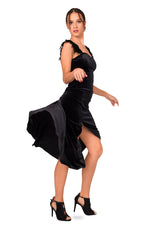 Load image into Gallery viewer, Black Velvet Dress With Feather Details