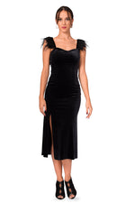 Load image into Gallery viewer, Black Velvet Dress With Feather Details