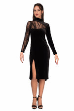 Load image into Gallery viewer, Black Velvet Turtle Neck Long-Sleeved Dress With Tulle Back
