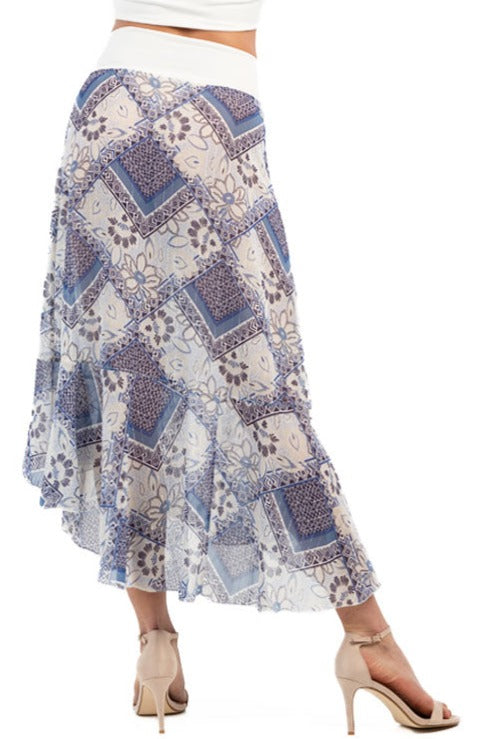 Blue Printed Asymmetric Tango Wrap Skirt With Ruffles