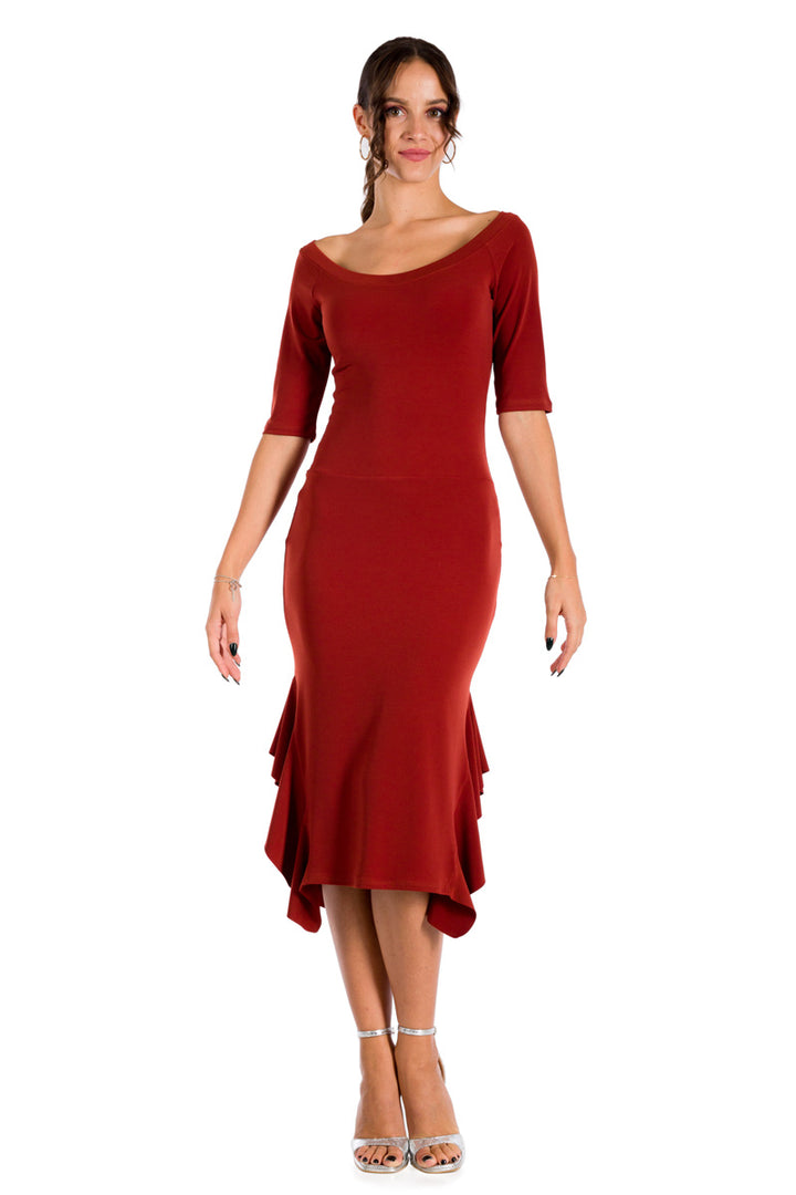 Brick Red Short Sleeve Bodycon Dress With Side Ruffles