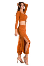 Load image into Gallery viewer, Bronze Orange Long Sleeve Crop Top With Center Gatherings
