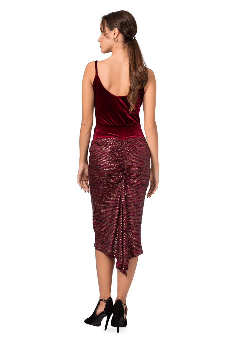 Burgundy Paillette Fishtail Skirt With Velvet Waistband