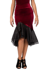 Load image into Gallery viewer, Burgundy Velvet Skirt With Black Organza Ruffles
