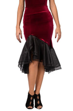 Load image into Gallery viewer, Burgundy Velvet Skirt With Black Organza Ruffles