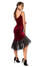 Load image into Gallery viewer, Burgundy Velvet Skirt With Black Organza Ruffles