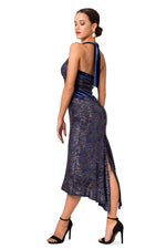 Load image into Gallery viewer, Dark Blue Paillette Halter-Neck Tie Fishtail Dress With Velvet Details
