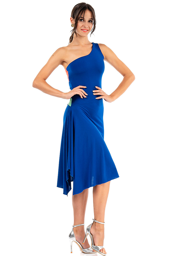 Electric Blue One Shoulder Dress With Twisted Back And Side Draping