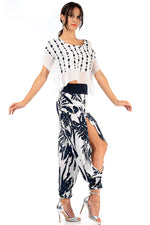Load image into Gallery viewer, White Boxy Co-ord Crop Top With Dark Blue & Silver Print
