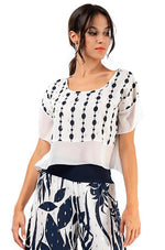Load image into Gallery viewer, White Boxy Co-ord Crop Top With Dark Blue & Silver Print