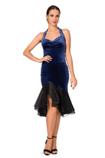Load image into Gallery viewer, Halter-Neck Tie Velvet Dress With Black Organza Ruffles