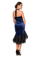 Load image into Gallery viewer, Halter-Neck Tie Velvet Dress With Black Organza Ruffles