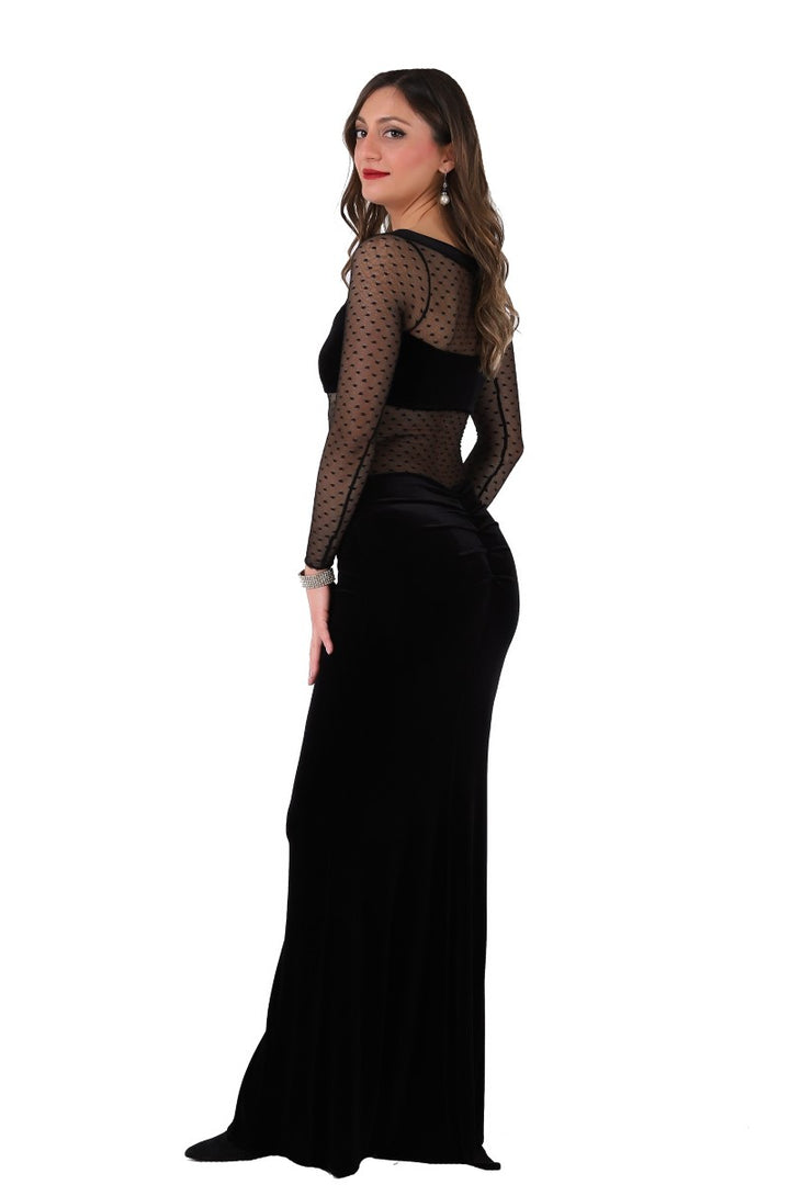 Velvet Maxi Dress with Dotted Tulle Top